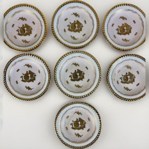 ANDREA by SADEK 4" COURTING COUPLE Saucer Trinket Dishes PALE Pink/GOLD Lot of 7 - Picture 1 of 10